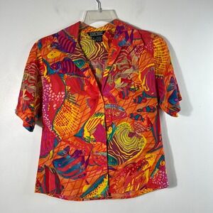Vintage Ann May Silk Art to Wear Fish Sea Life Button Shirt XS Orange Red